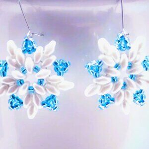 Handmade Beaded Turquoise Snowflake Christmas Dangle Earrings